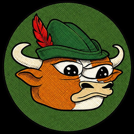 MUMU, an optimistic orange bull wearing a green hat with a red feather